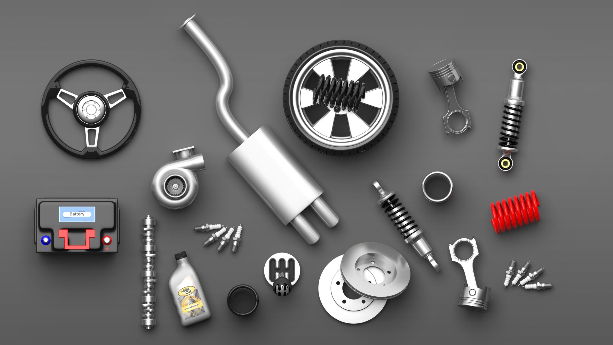 Various car parts and accessories, isolated on gray background. 3d illustration