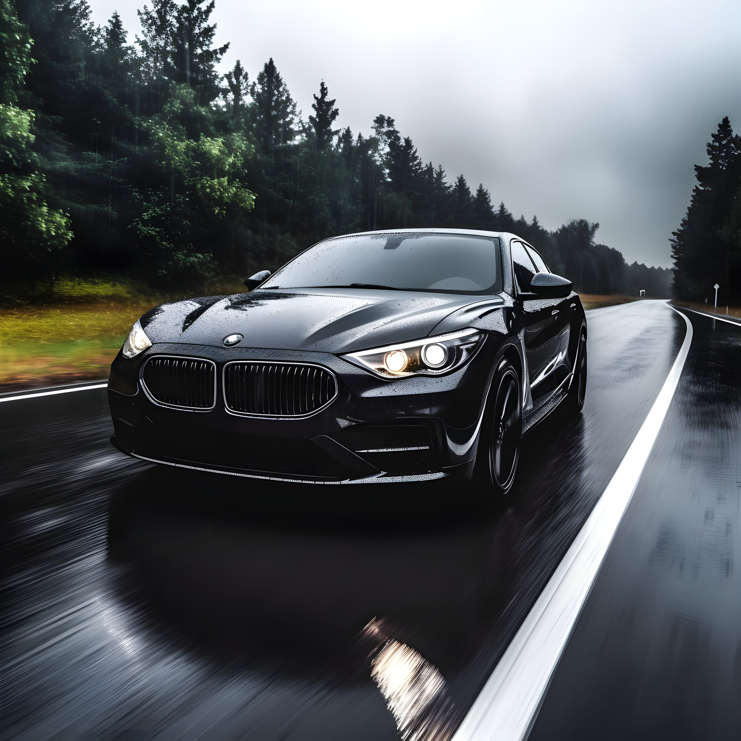 photo front view of a black luxury car on the road.