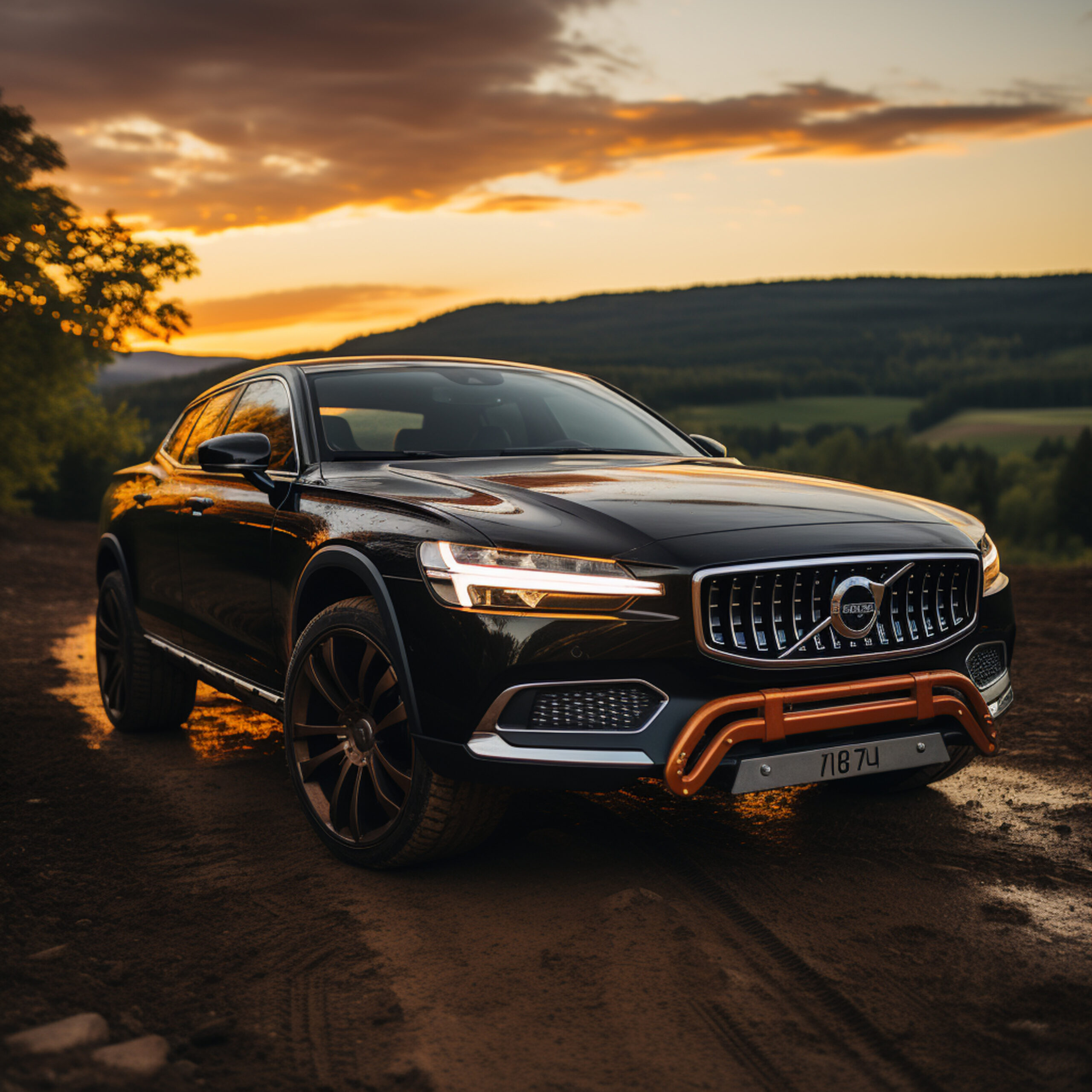 arafed volvo suv parked on a dirt road with a sunset in the background. generative ai.